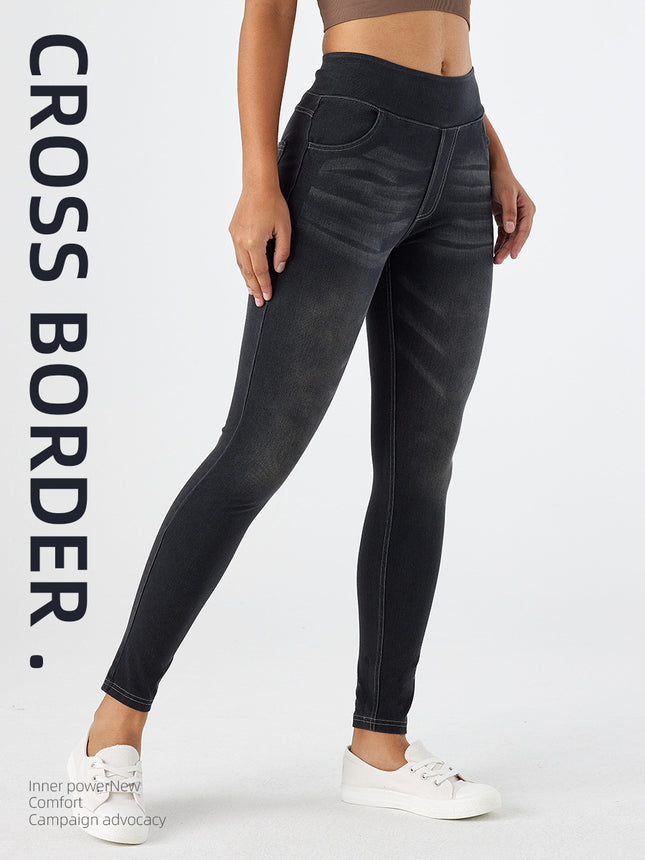 Cross-Border New High-Waisted Whiskered Straight-Leg Skinny Yoga Jeans for Women, Slimming High-Stretch Pocket Casual Pants