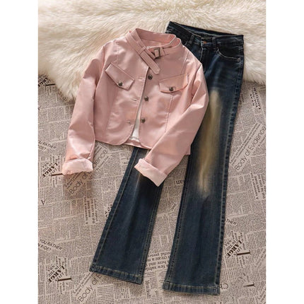 Hong Kong Style Retro suit American Style Design Short Pink Motorcycle Leather Jacket Women's Three-Piece Jeans Set