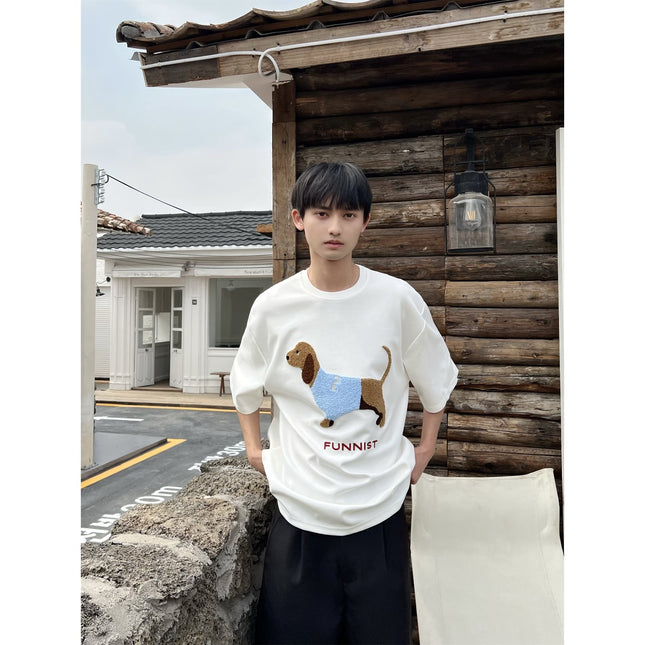 Air Layer Skin-Friendly Dachshund Towel Embroidered Short-Sleeved T-Shirt for Men and Women Summer Heavy Cotton Couple Half-Sleeved T-Shirt
