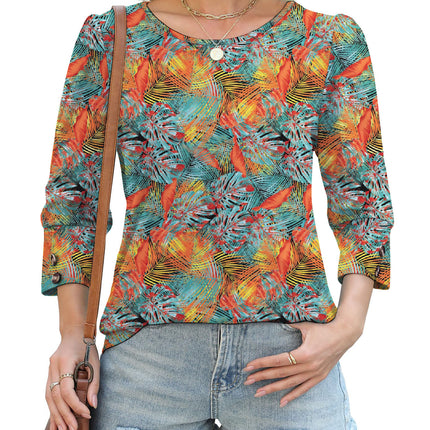 50 Colors Cross-Border European and American Amazon Spring and Summer New Printed T-Shirts with Cuff Buttons, Casual Versatile Vacation Women's Clothing