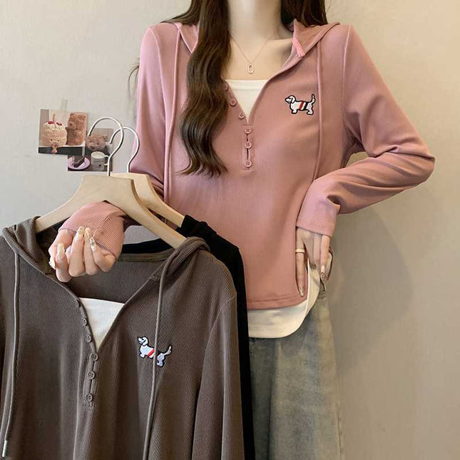Real shot 2024 autumn new chubby girl plus size fake two dog embroidery hooded long sleeve T-shirt Joker top