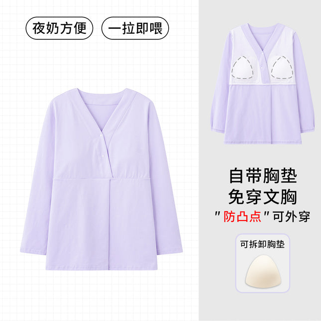 Spring and Autumn Maternity Nursing Pajamas with Breast Pads to Prevent Protrusion, Postpartum Breastfeeding Sleepwear for Women, Pure Cotton, Fashionable V-Neck Long-Sleeved Top for Postpartum Care