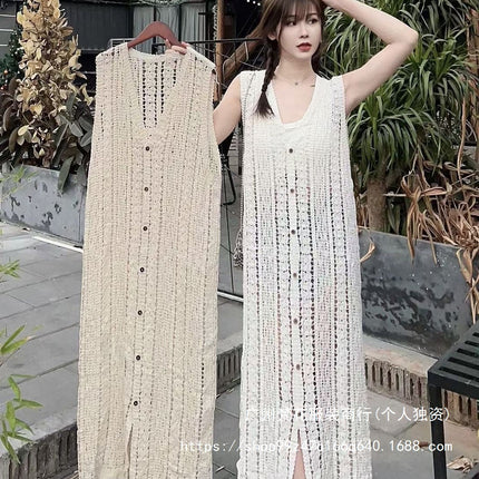 Green Lace Hollow-out Knitted Sleeveless Vesset Dress Women's Striped Cardigan dress Outer Layover Blouse Mid-length