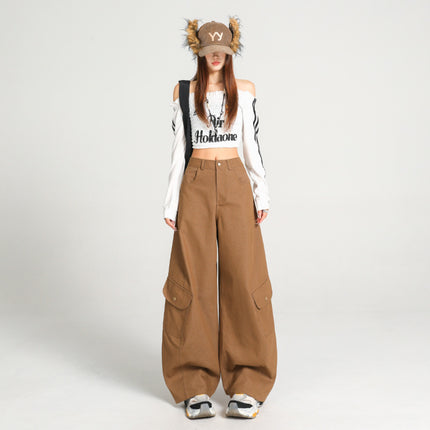 Army Green Silhouette Scimitar Workwear Casual Pants for Women, New Autumn American High Street Loose Drape Wide-Leg Floor-Length Pants