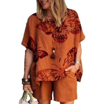 Amazon Cross-border Spring and Summer plus size Loose chubby girl Elegant Casual Western Style Age-reducing Printed Short-sleeved Sports suit
