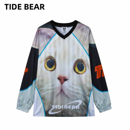 American-style Casual Couple Sports Mesh Ball Suit Loose V-neck Cat Large Printed Retro Contrast Color Long-sleeved T-shirt for Men and Women