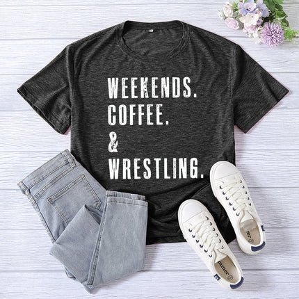 Cross-border Amazon WEEKENDS COFFEE WRESTLING printed short-sleeved women's top T-shirt European code