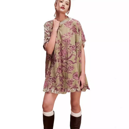 Amazon 2024 Women Fashion Vintage Velvet dress Round Neck Short Sleeve Floral Print Mini Elegant