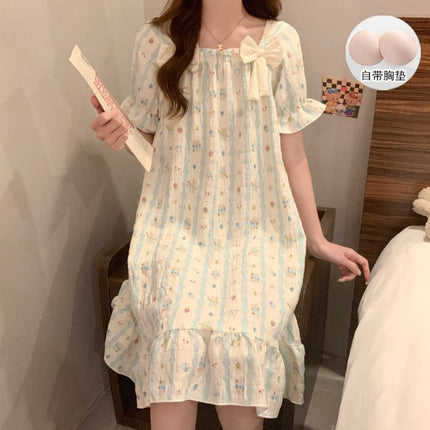Sweet Bow Square Neck Nightgown with Breast Pad Summer New Cloud Cotton Cartoon Short-Sleeved Princess Style Women's Nightgown