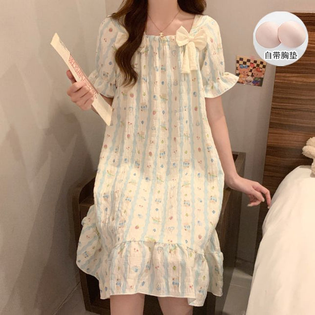 Sweet Bow Square Neck Nightgown with Breast Pad Summer New Cloud Cotton Cartoon Short-Sleeved Princess Style Women's Nightgown