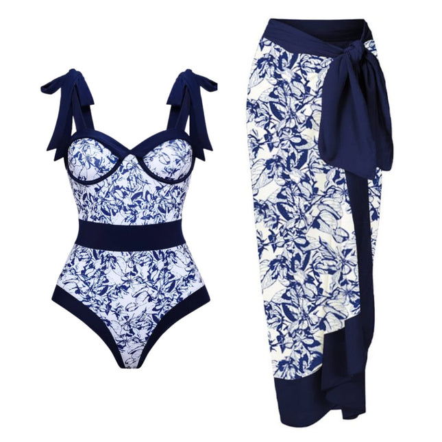 2024 Europe and the United States new one-piece swimsuit lace-up color contrast printed one-piece swimsuit cross-border explosion 2368
