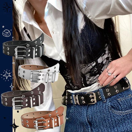 2025 Korean Style Hollow Out Punk Casual Belt Women's Fashion Star Air Eye Decorative Double Row Belt Women's in stock