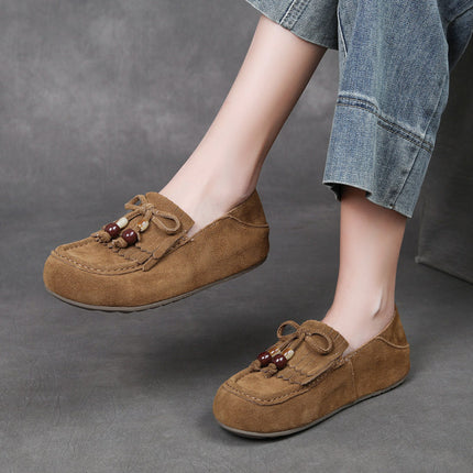 Jishu 25 Autumn New Retro Beaded Tassel Flats with Increased Height Loafers Genuine Leather Lazy Flats for Women That Can Be Worn in Two Ways