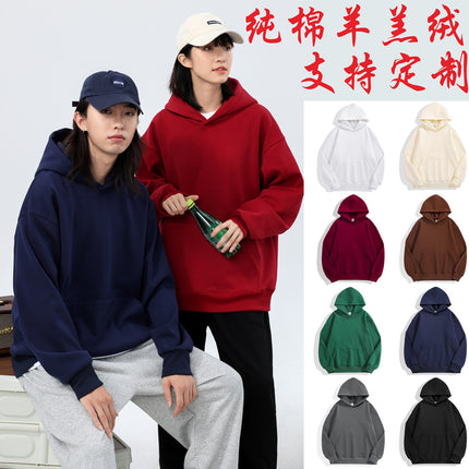 Lamb Wool Drop-Shoulder Loose Sweatshirt with Pockets, Hooded Pullover, Trendy Heavyweight Thickened Autumn and Winter Hoodie, Casual Fashion