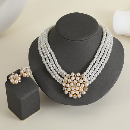 Cross-border Jewelry suit Women's Multi-row Pearl Necklace Earrings Three-piece Bridal Wedding Dress Accessories All-match Factory
