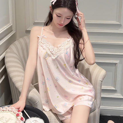Ice Silk Pajamas Women's Summer Girls Pure Want Sling Shorts Home Clothes suit Pajamas Women's Pink Japanese Sexy