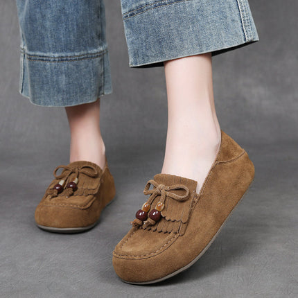 Jishu 25 Autumn New Retro Beaded Tassel Flats with Increased Height Loafers Genuine Leather Lazy Flats for Women That Can Be Worn in Two Ways