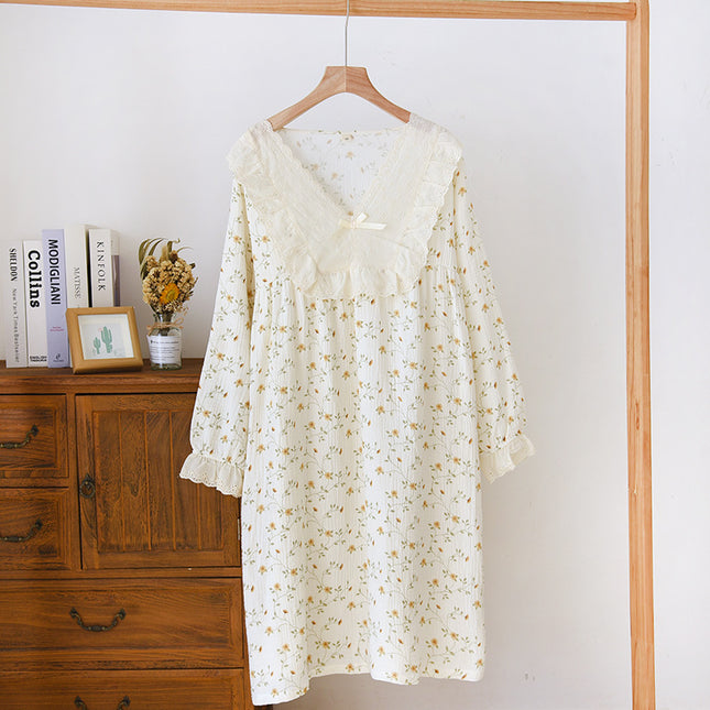 Lace V-neck Princess Style Pullover Long-sleeved Pure Cotton Pajamas Women's Spring and Summer Thin Crepe Cotton Floral Dress for Outer Wear