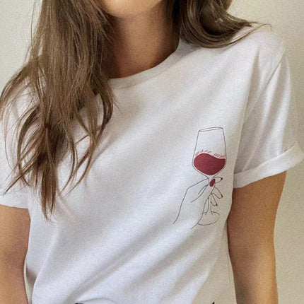 Niche Momsi*Er French Wine Glass Printed Short-Sleeved T-Shirt for Women Ins Super Hot Loose Summer Round Neck Tee