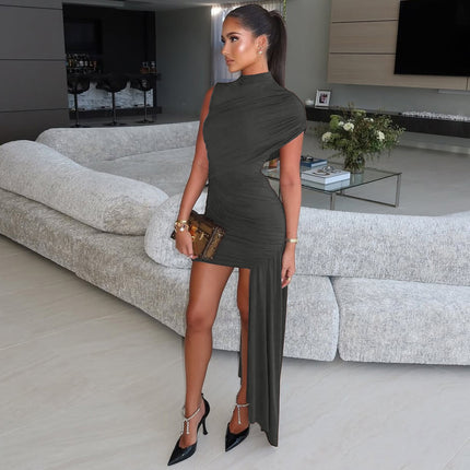 European and American Export New Summer Short Skirt Round Neck Stitching Pleated Irregular Elegant Dress Sexy Slim Dress