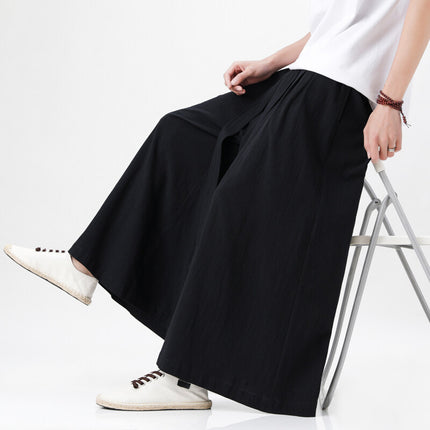 Summer Linen Pants Men's Chinese Style Loose Wide-Leg Pants Chinese Style Large Size Casual Pants Retro Long Pants Wide-Leg Culottes