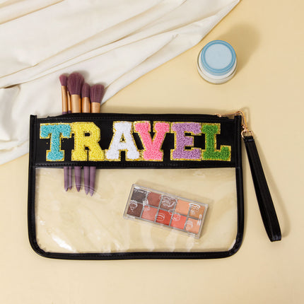 Cross-border Exclusive Explosive Towel Embroidered Letter Transparent PVC Cosmetic Bag PU Portable Storage Bag Sniffer Bag Envelope Bag