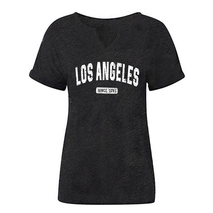 Amazon Spring and Summer New Product V-Neck Rolled Sleeves Los Angeles Letter Positioning Printed Pullover Short Sleeves