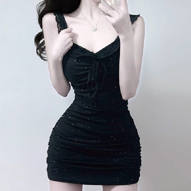 Black, Beautiful, Light, Luxurious and High-End, Figure-Showing Suspender Skirt, Sexy Little Flying Sleeves, Tight-Fitting Hip-Hugging Dress