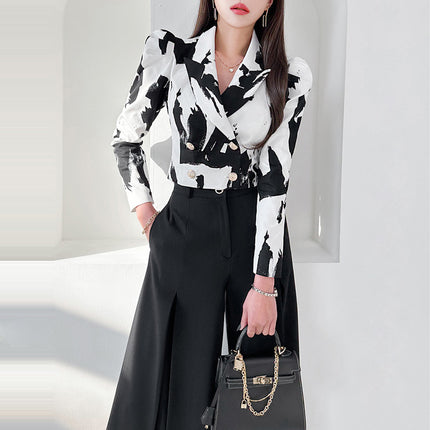 Foreign Trade Women's New Two-piece Set 2024 Spring Korean Style Slim-fit Printed Suit Jacket Tight Waist Fashionable Wide-leg Pants