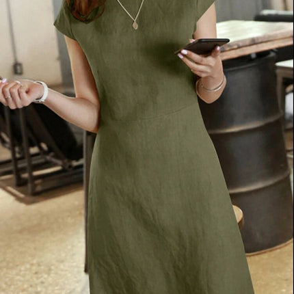 2023 Independent station Amazon new dress back zipper round neck solid color short sleeve cotton linen jumpsuit