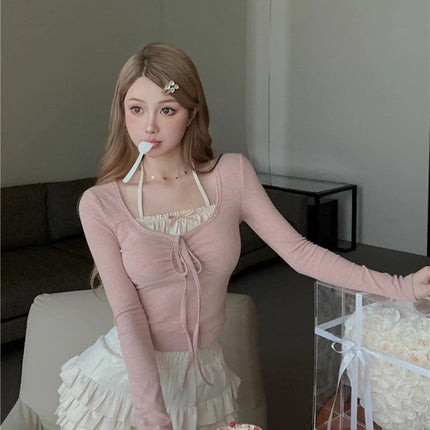 Pure Wind Sweet Spice Girl Fake Two-piece Long-sleeved T-shirt Women's Spring Neck-hanging Pink Slim-fit Sunscreen Short Chic Top