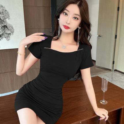 New 9174 Pure Desire Sexy Short Sleeve Dress for Women Nightclub Foot Bath Technician Waist Slimming Pleated Hip Wrap Short Dress
