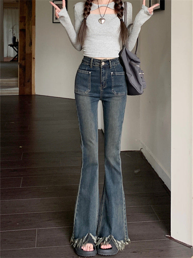 Tassel Flared Jeans for Women, Autumn 2025 New High-Waisted Stretchy Slim-Fit Frayed Bell-Bottom Floor-Length Pants