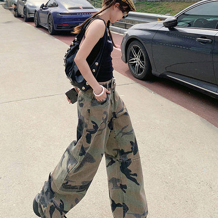 American Retro High Street Straight Washed Distressed Camouflage Jeans Women's High Waist Loose Wide Leg Drape Long Pants
