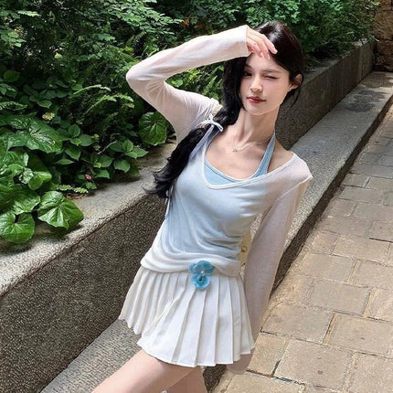 Mint Green Thin Layered V Neck Sun Protection Long-Sleeved T-Shirt for Women Summer Slimming Look Right Shoulder Pure Color Top
