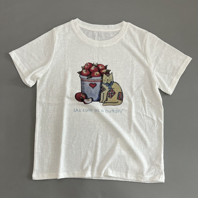 Apple Cat's Textured T-Shirt Summer New Round Neck Printed Casual Style Tee Loose Top Women's Versatile
