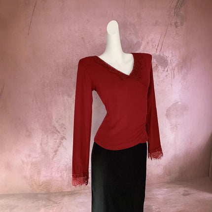 Ancola Red Sexy Pure Desire Style Lace Top Autumn and Winter New Brushed fleece-lined Thickened Cross V-neck Base Shirt