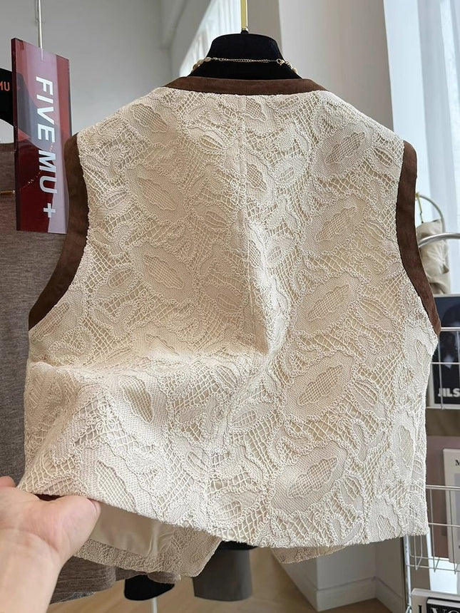 Super Good-looking Light Luxury Chanel Style Lace Outer Wear Round Neck Sleeveless Vest Women's Spring and Autumn Waistcoat Top