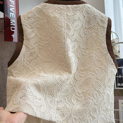 Super Good-looking Light Luxury Chanel Style Lace Outer Wear Round Neck Sleeveless Vest Women's Spring and Autumn Waistcoat Top
