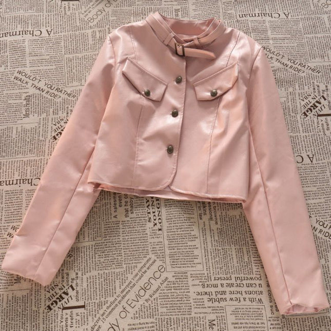 Hong Kong Style Retro suit American Style Design Short Pink Motorcycle Leather Jacket Women's Three-Piece Jeans Set
