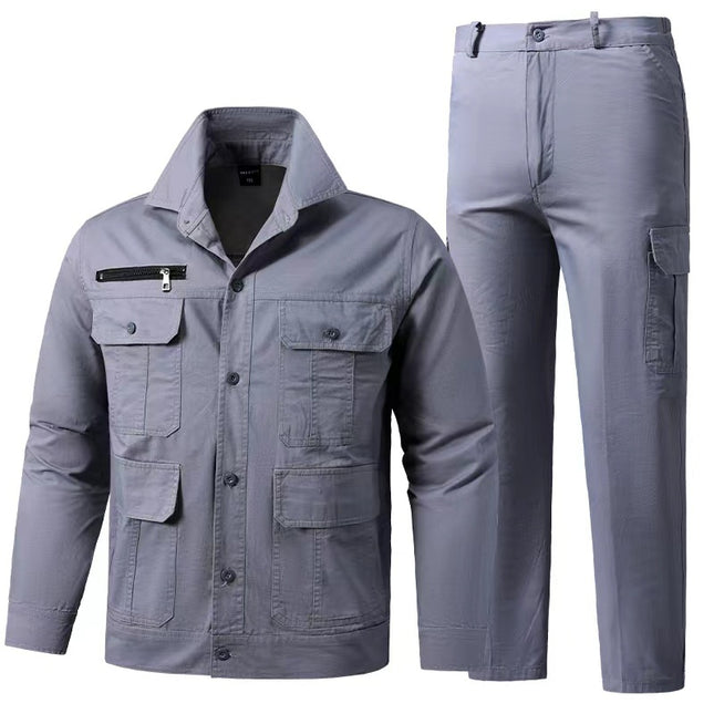 Summer Thin Work Clothes Suit for Men, Cotton-Containing Long and Short Sleeves, Breathable and Wear-Resistant Welding Work Clothes, Military Green Labor Protection Clothes