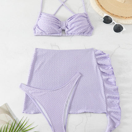 European and American New Fashion Bikini Three-Piece Swimsuit for Women with Drawstring Tie, Backless Beach Bikini, Cross-Border Swimwear