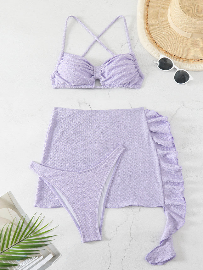 European and American New Fashion Bikini Three-Piece Swimsuit for Women with Drawstring Tie, Backless Beach Bikini, Cross-Border Swimwear