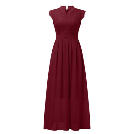 2022amazon summer sexy hollow V-neck large swing dress sleeveless lace stitching chiffon long dress