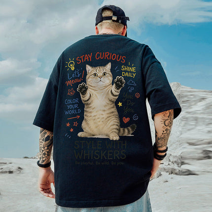 Cross-border short-sleeved T-shirt for boys and girls Korean-style cartoon casual pet cat hip-hop top for lovers summer versatile half-sleeve