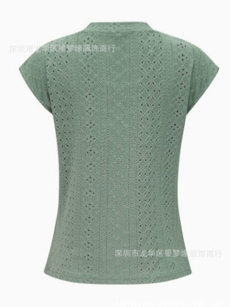 Amazon Independent Station Cross-border European and American Foreign Trade Women's Short-sleeved T-shirt US-size Needle-eye Hollow-out Crewneck Top