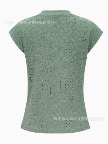 Amazon Independent Station Cross-border European and American Foreign Trade Women's Short-sleeved T-shirt US-size Needle-eye Hollow-out Crewneck Top