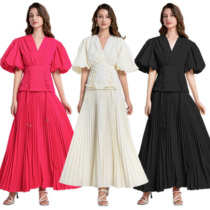 Real shot in stock new deep V-neck lace-up bubble sleeve pleated slim dress