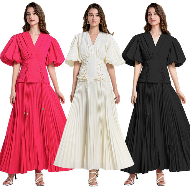 Real shot in stock new deep V-neck lace-up bubble sleeve pleated slim dress