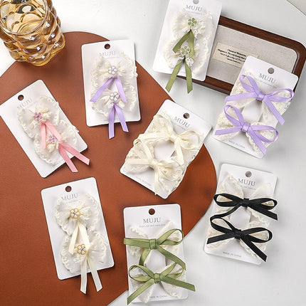 2 Card Hair Cards Elegant Girl Bow Hairpin Ribbon Hair Accessories Korean Style New Lace Side Bangs Clip